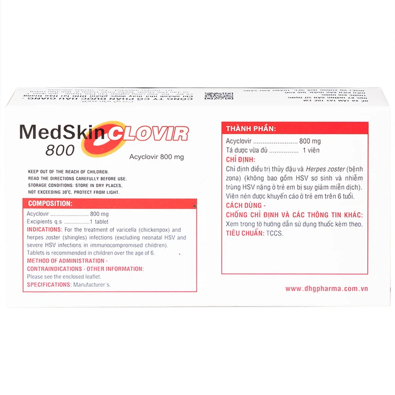 Thuốc MedSkin Clovir 800 DHG điều trị nhiễm virus Herpes simplex, bệnh thủy đậu, viêm phổi do Zona (3 vỉ x 10 viên)