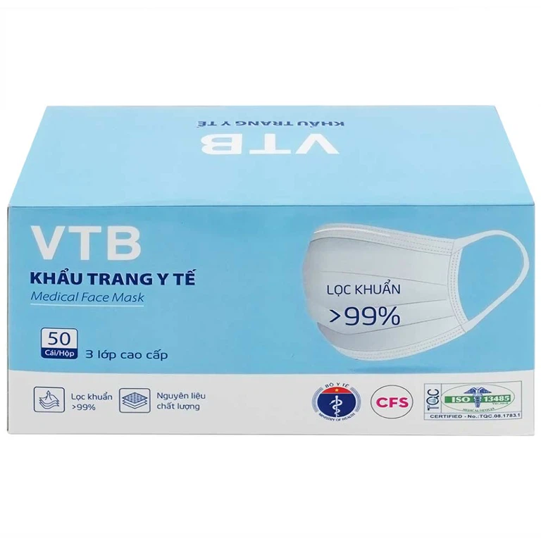 Khẩu trang y tế VTB màu trắng 3 lớp hỗ trợ ngăn khói, bụi, kháng khuẩn (50 cái)