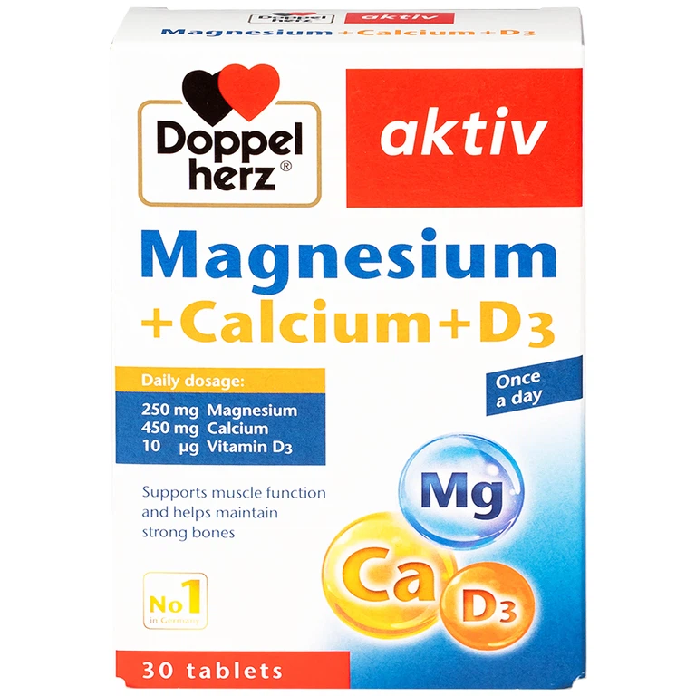 Viên uống Magnesium+Calcium+D3 Doppelherz Aktiv hỗ trợ cơ và xương khỏe mạnh (3 vỉ x 10 viên)