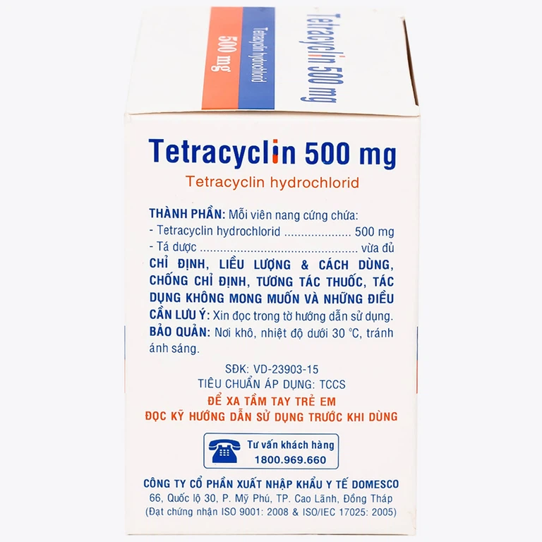 Thuốc Tetracyclin 500mg Domesco điều trị nhiễm khuẩn do vi khuẩn nhạy cảm (20 vỉ x 10 viên)