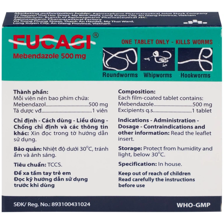 Thuốc Fucagi 500mg Agimexpharm điều trị nhiễm một hoặc nhiều loại giun đường ruột (1 viên)