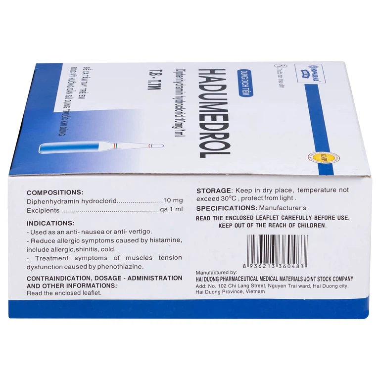 Thuốc Hadumedrol 100mg/ml Hdpharma giúp chống buồn nôn hoặc chóng mặt (100 ống x 1ml)