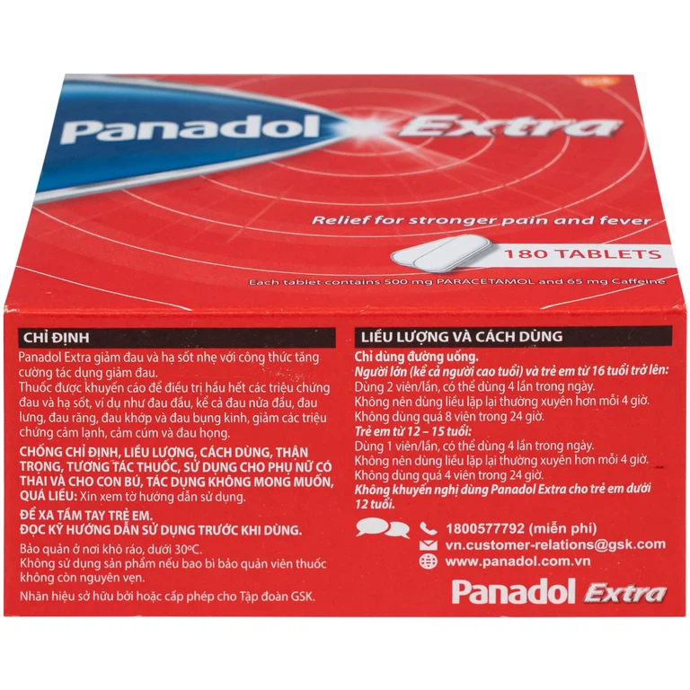 Viên nén Panadol Extra đỏ GSK giảm mạnh các cơn đau, hạ sốt, điều trị đau đầu, đau lưng (15 vỉ x 12 viên) 