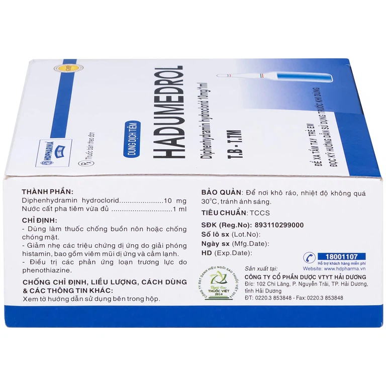 Thuốc Hadumedrol 100mg/ml Hdpharma giúp chống buồn nôn hoặc chóng mặt (100 ống x 1ml)