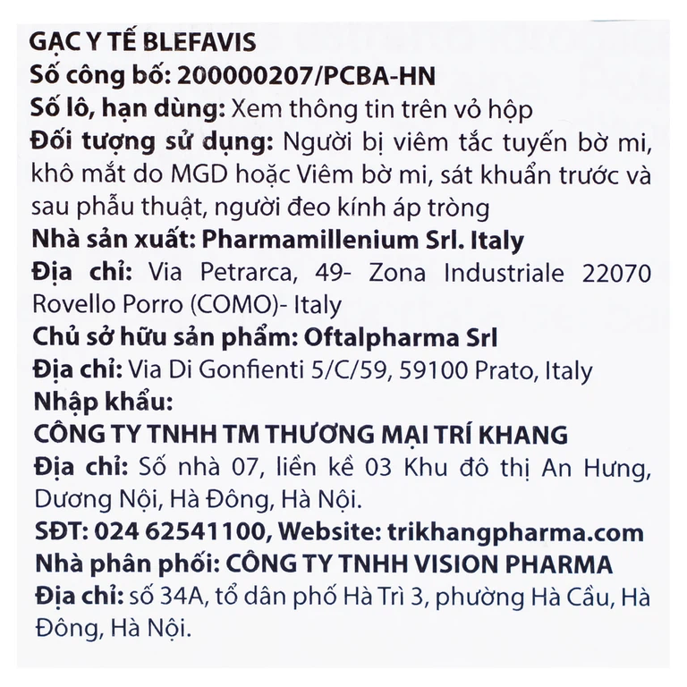 Gạc y tế Blefavis Wipes Oftalpharma làm sạch, làm mềm và giảm kích ứng cho vùng mi mắt nhạy cảm (30 miếng)