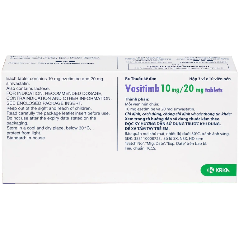 Thuốc Vasitimb 10mg/20mg tablets Krka giúp phòng bệnh tim, điều trị tăng cholesterol máu, máu đồng hợp tử gia đình (3 vỉ x 10 viên)