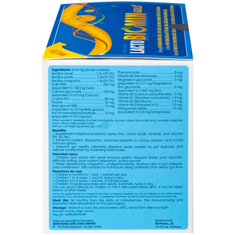 Cốm vi sinh bổ sung lợi khuẩn đường ruột Lacto Biomin Gold+ New Hdpharma (20 gói x 5g)