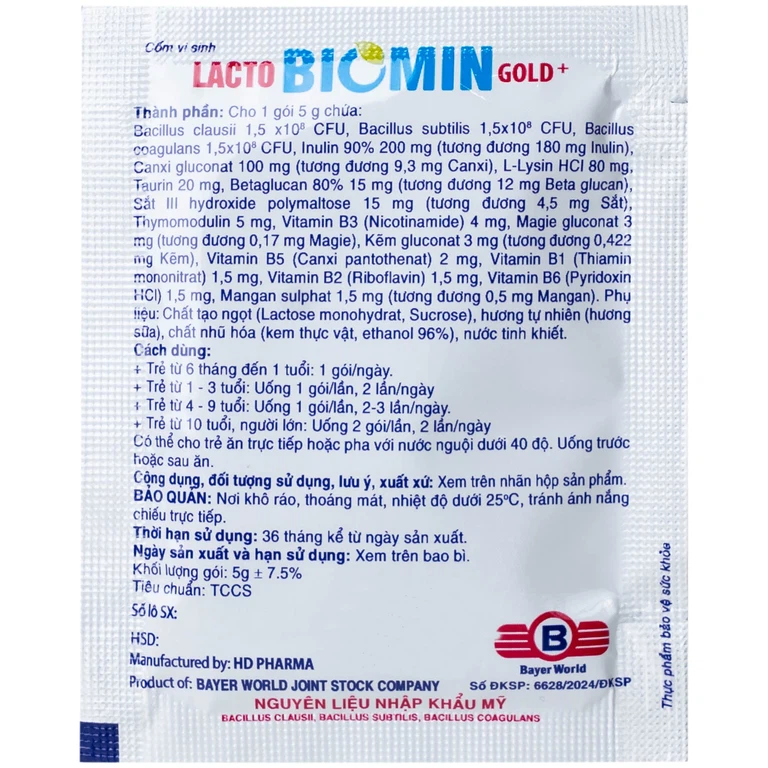 Cốm vi sinh bổ sung lợi khuẩn đường ruột Lacto Biomin Gold+ New Hdpharma (20 gói x 5g)