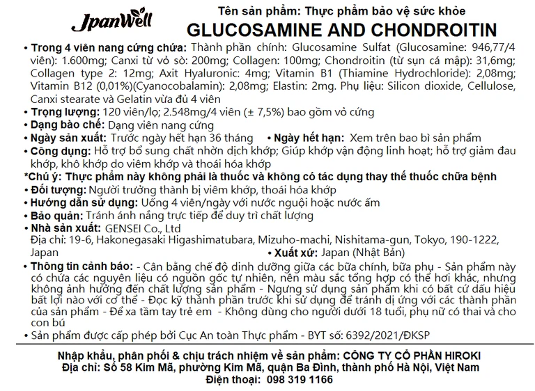 Viên uống Glucosamine And Chondroitin Jpanwell hỗ trợ bổ sung chất nhờn dịch khớp (120 viên) 