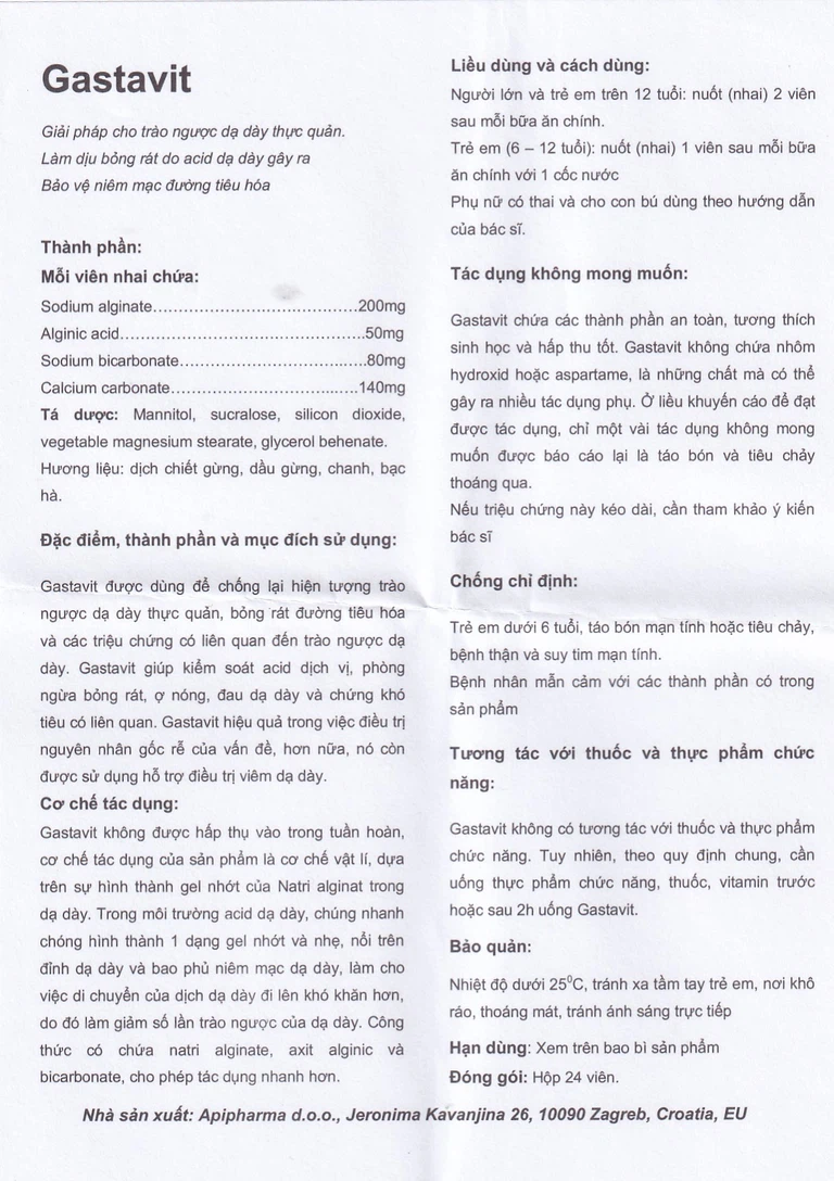 Viên nhai Gastavit Apipharma dùng cho trào ngược dạ dày thực quản (24 viên)