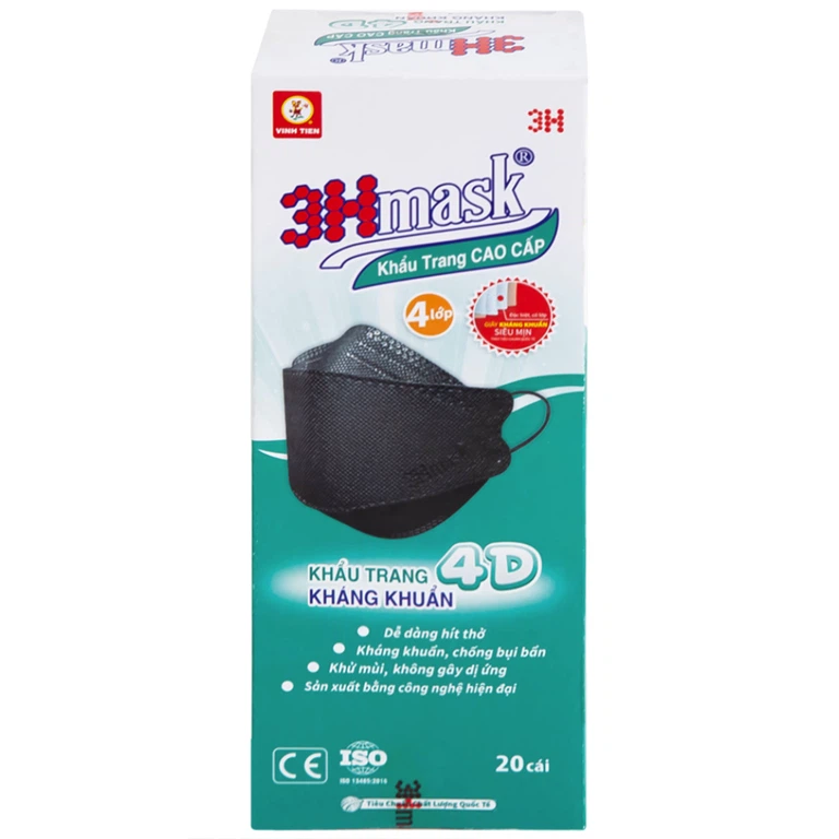 Khẩu trang y tế cao cấp 3Hmask Vĩnh Tiến 4D màu đen hỗ trợ ngăn khói, bụi, kháng khuẩn (20 cái)