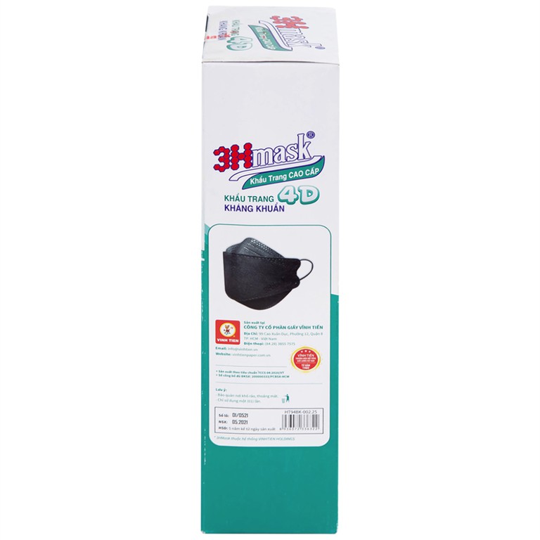 Khẩu trang y tế cao cấp 3Hmask Vĩnh Tiến 4D màu đen hỗ trợ ngăn khói, bụi, kháng khuẩn (20 cái)