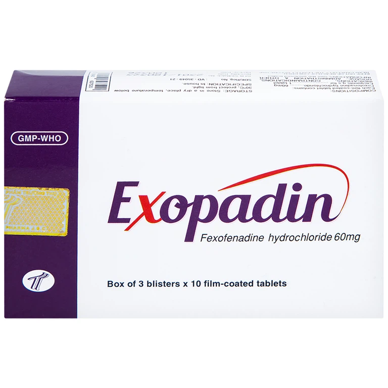 Thuốc Exopadin 60mg Trường Thọ điều trị viêm mũi dị ứng, mày đay (3 vỉ x 10 viên) 