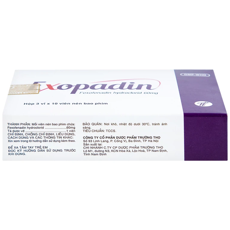 Thuốc Exopadin 60mg Trường Thọ điều trị viêm mũi dị ứng, mày đay (3 vỉ x 10 viên) 