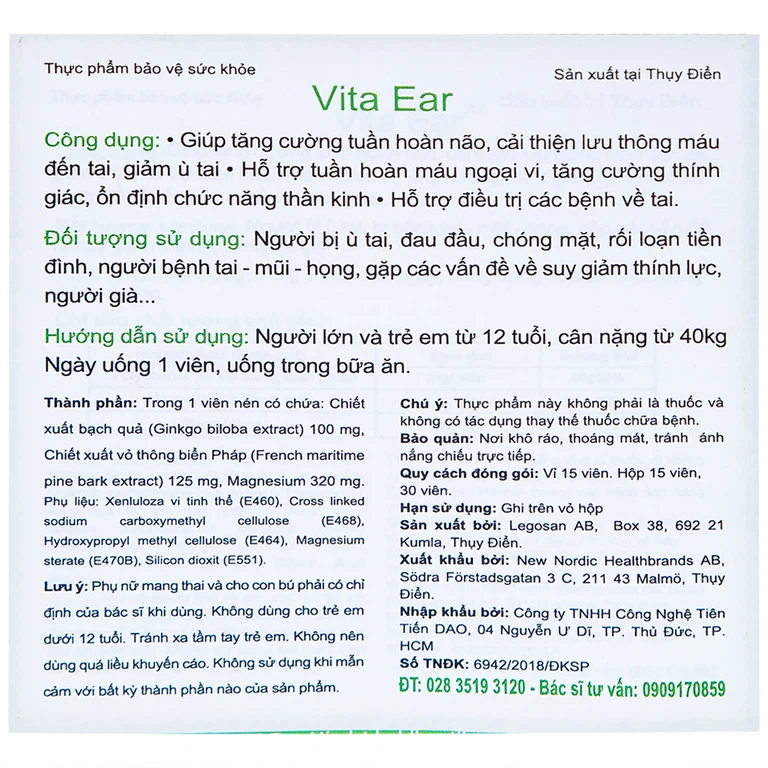 Viên uống Vita Ear New Nordic tăng cường tuần hoàn não, cải thiện lưu thông máu đến tai, giảm ù tai (15 viên)