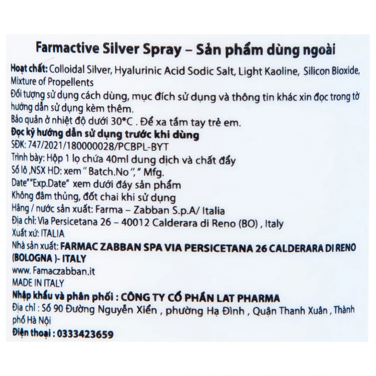 Chai xịt bạc Farmactive Silver Spray hỗ trợ điều trị bỏng, trầy xước, vết loét dưới da (125ml)