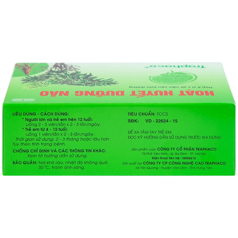 Thuốc Hoạt Huyết Dưỡng Não bao đường Traphaco điều trị suy giảm trí nhớ, căng thẳng thần kinh (5 vỉ x 20 viên)