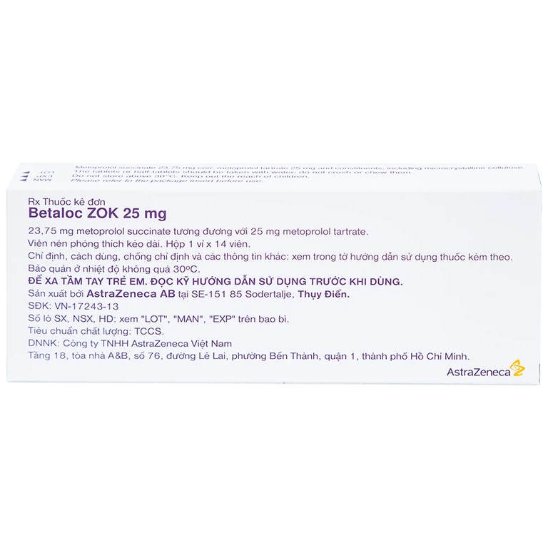 Thuốc Betaloc Zok 25mg AstraZeneca điều trị tăng huyết áp (1 vỉ x 14 viên)