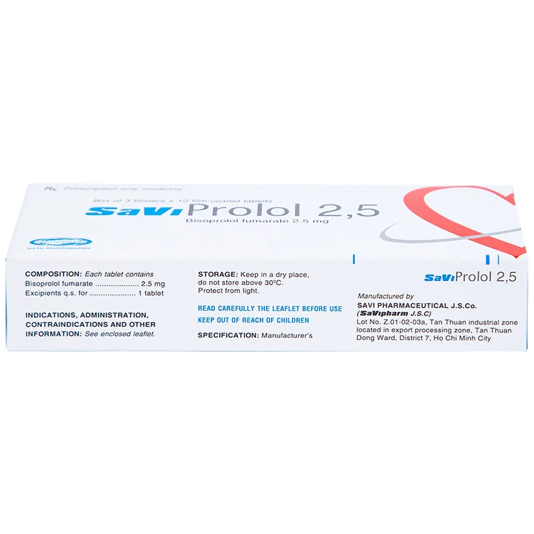 Thuốc SaViProlol 2,5 điều trị tăng huyết áp, đau thắt ngực (3 vỉ x 10 viên) 