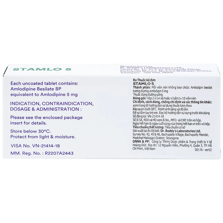 Thuốc Stamlo 5 Dr. Reddy's điều trị tăng huyết áp, đau thắt ngực ổn định mạn tính (2 vỉ x 10 viên)