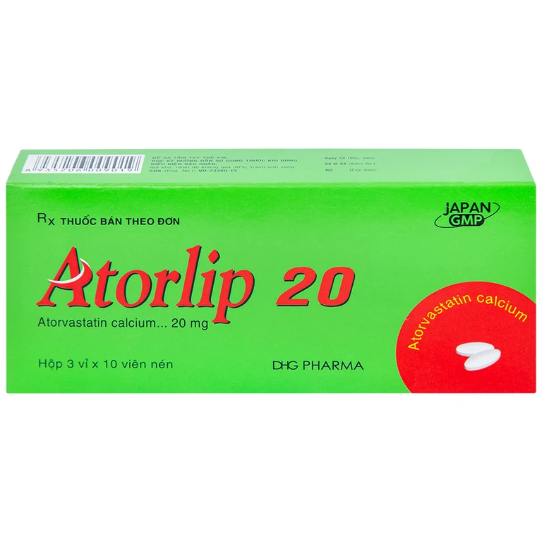 Thuốc Atorlip 20mg DHG điều trị tăng cholesterol toàn phần và LDL-cholesterol (3 vỉ x 10 viên)