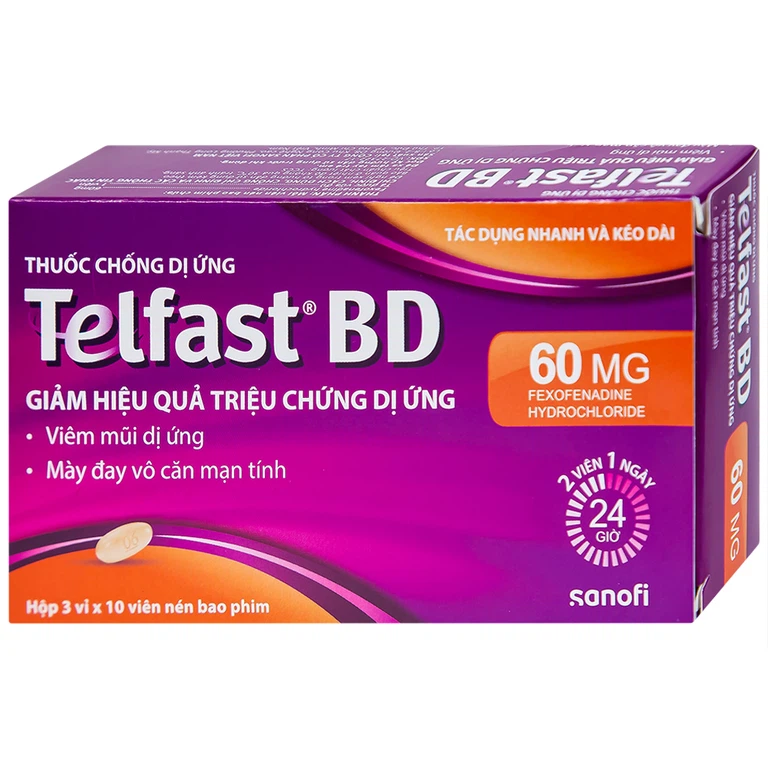 Viên nén bao phim Telfast BD 60mg Sanofi giảm hiệu quả triệu chứng dị ứng (3 vỉ x 10 viên)