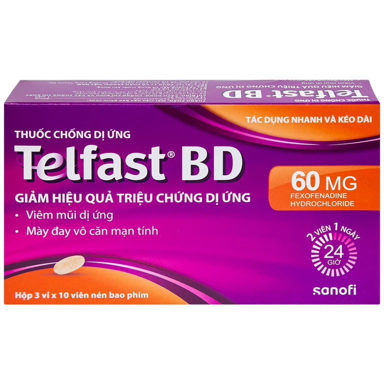 Viên nén bao phim Telfast BD 60mg Sanofi giảm hiệu quả triệu chứng dị ứng (3 vỉ x 10 viên)