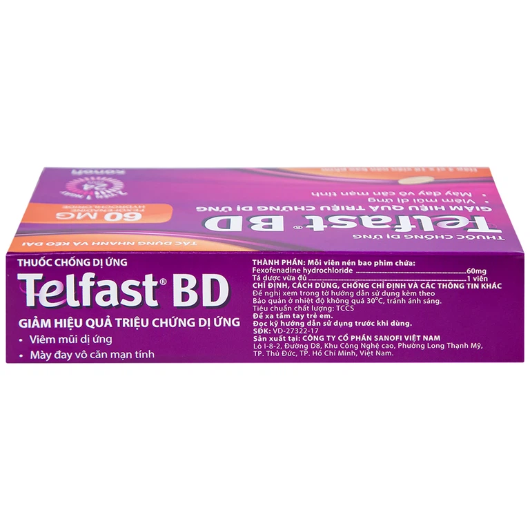 Viên nén bao phim Telfast BD 60mg Sanofi giảm hiệu quả triệu chứng dị ứng (3 vỉ x 10 viên)