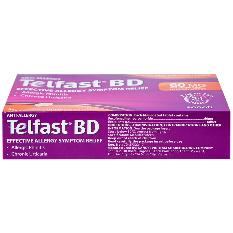 Viên nén bao phim Telfast BD 60mg Sanofi giảm hiệu quả triệu chứng dị ứng (3 vỉ x 10 viên)