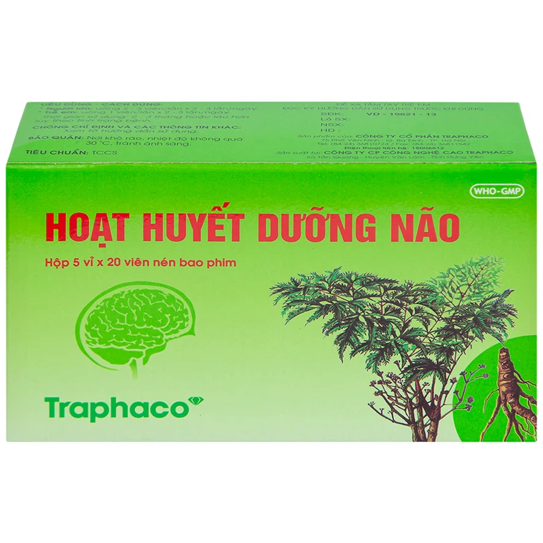 Thuốc Hoạt Huyết Dưỡng Não bao phim Traphaco điều trị suy giảm trí nhớ, căng thẳng thần kinh (5 vỉ x 20 viên)