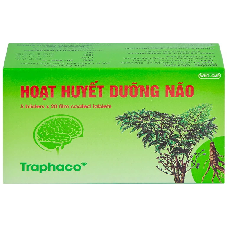 Thuốc Hoạt Huyết Dưỡng Não bao phim Traphaco điều trị suy giảm trí nhớ, căng thẳng thần kinh (5 vỉ x 20 viên)