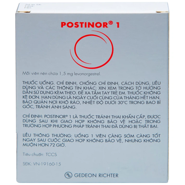 Thuốc Postinor 1 Gedeon dùng tránh thai khẩn cấp trong vòng 72 giờ sau giao hợp (1 viên)