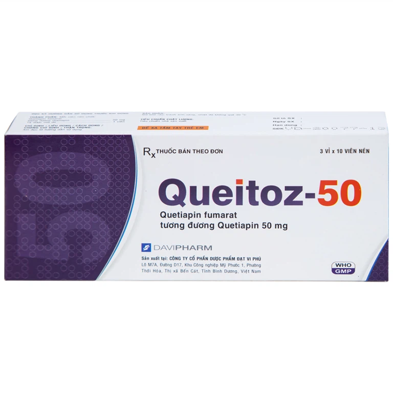Thuốc Queitoz-50 Davipharm điều trị tâm thần phân liệt, rối loạn lưỡng cực (3 vỉ x 10 viên) 