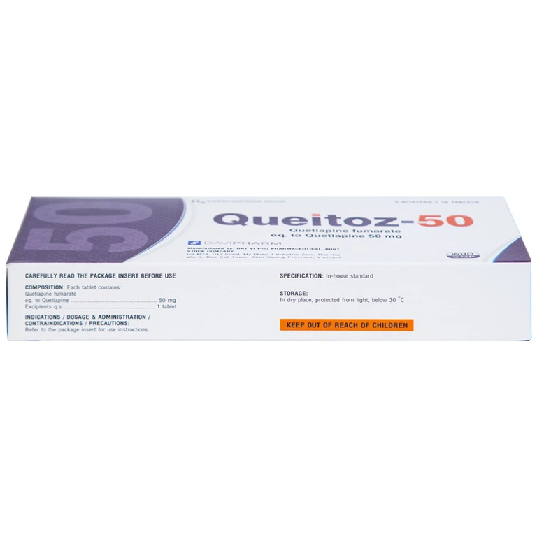 Thuốc Queitoz-50 Davipharm điều trị tâm thần phân liệt, rối loạn lưỡng cực (3 vỉ x 10 viên) 