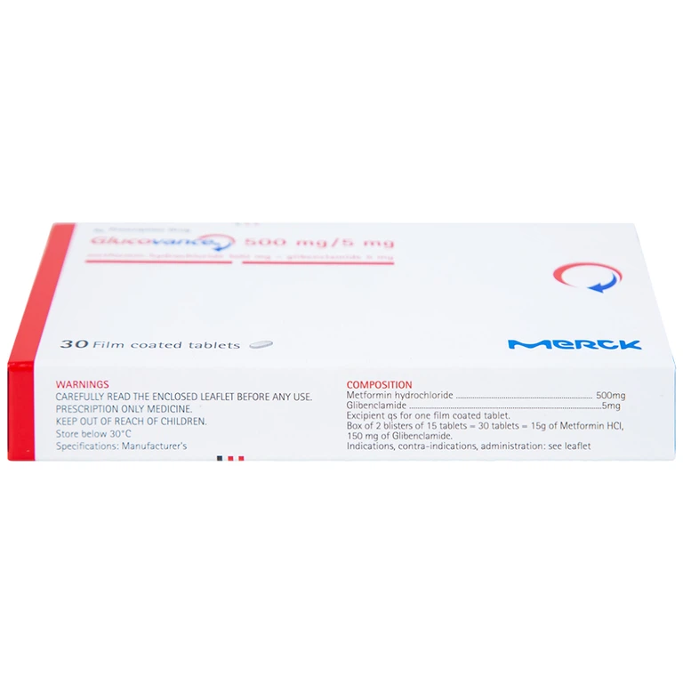 Thuốc Glucovance 500mg/5mg Merck điều trị bệnh đái tháo đường típ 2 (2 vỉ x 15 viên)
