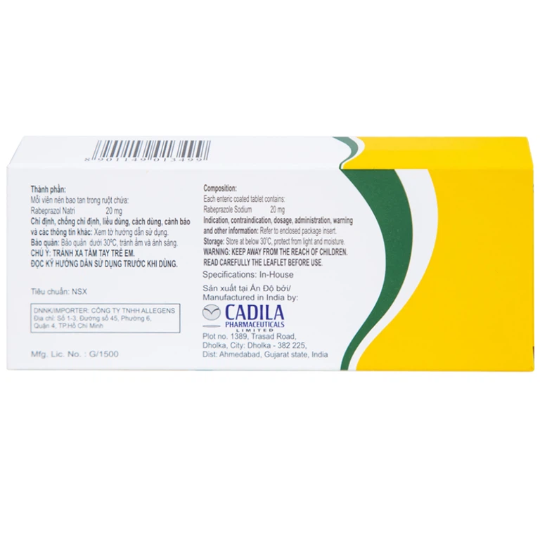 Thuốc Rabicad 20 Cadila điều trị viêm loét dạ dày, tá tràng (1 vỉ x 10 viên)