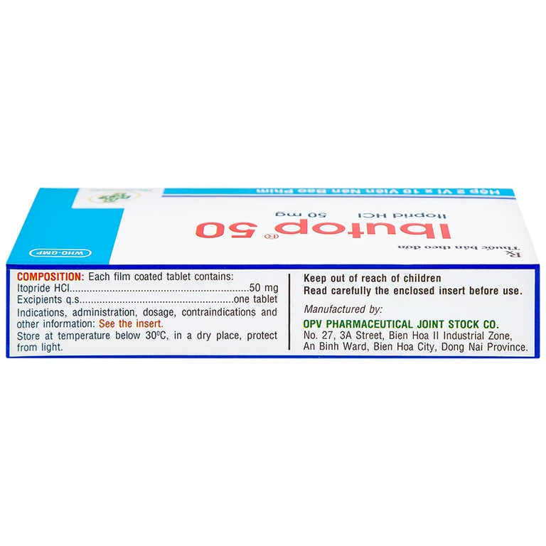 Thuốc Ibutop 50 OPV điều trị viêm dạ dày, chướng bụng, đau bụng, chán ăn, ợ nóng (2 vỉ x 10 viên)