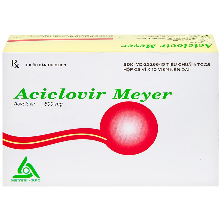 Thuốc Aciclovir 800mg Meyer điều trị nhiễm Herpes zoster, thủy đậu (3 vỉ x 10 viên)