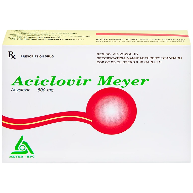 Thuốc Aciclovir 800mg Meyer điều trị nhiễm Herpes zoster, thủy đậu (3 vỉ x 10 viên)