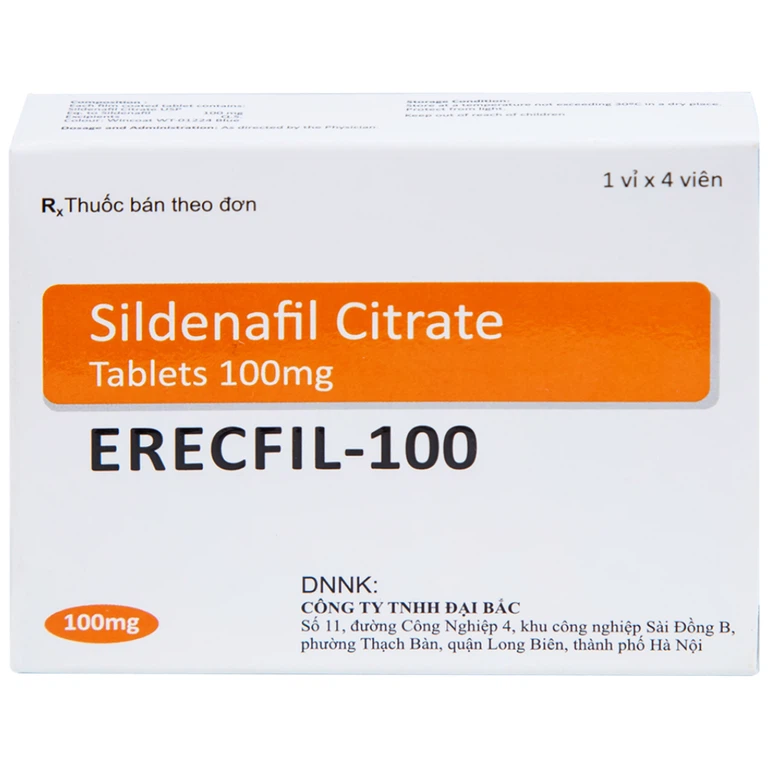 Thuốc Erecfil-100 Sildenafil Citrate điều trị rối loạn cương dương (1 vỉ x 4 viên)