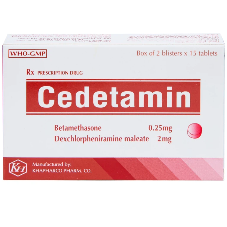 Thuốc Cedetamin Khapharco điều trị viêm mũi dị ứng, mày đay (2 vỉ x 15 viên) 