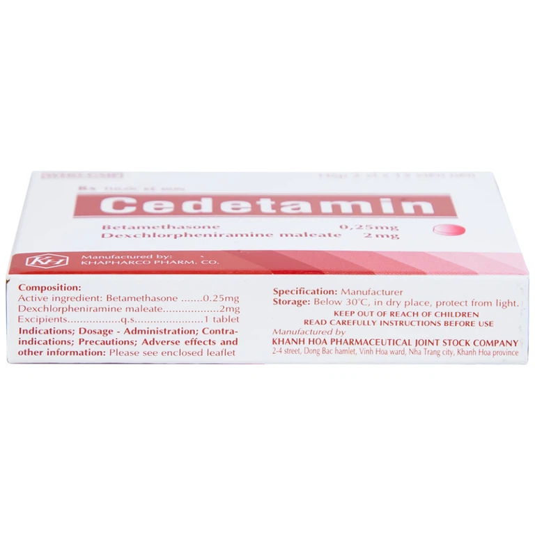 Thuốc Cedetamin Khapharco điều trị viêm mũi dị ứng, mày đay (2 vỉ x 15 viên) 