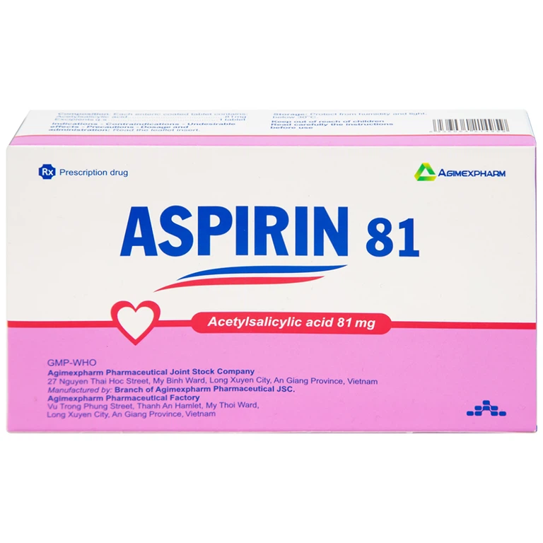 Thuốc Aspirin 81 Agimexpharm phòng ngừa nhồi máu cơ tim, đột quỵ (20 vỉ x 10 viên)