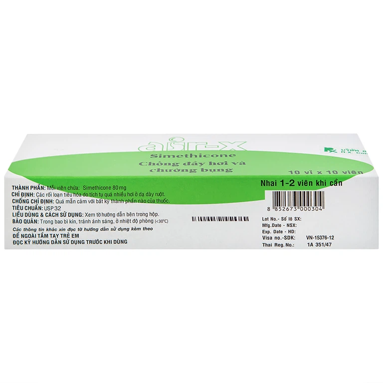 Viên nhai Air-X hương bạc hà chống đầy hơi và chướng bụng (10 vỉ x 10 viên)