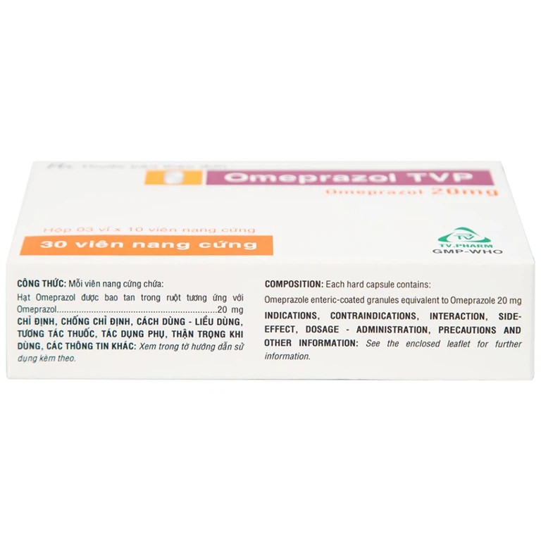 Viên nang cứng Omeprazol TVP 20mg điều trị loét tá tràng, viêm loét dạ dày (3 vỉ x 10 viên) 