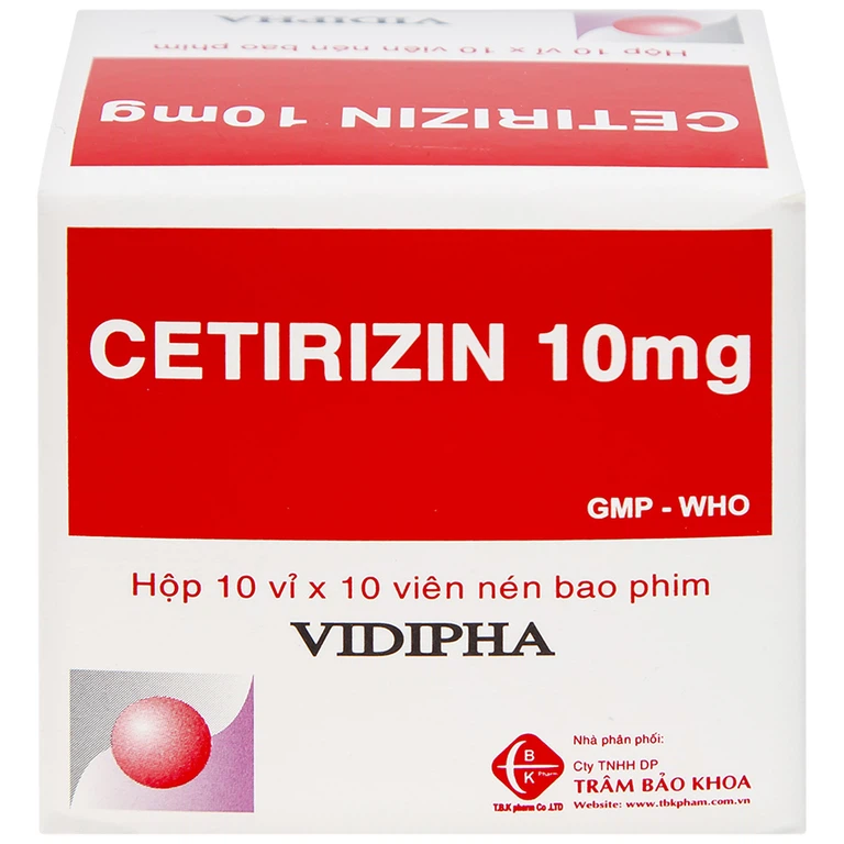 Thuốc Cetirizin 10mg Vidipha điều trị triệu chứng viêm mũi dị ứng, mày đay (10 vỉ x 10 viên)