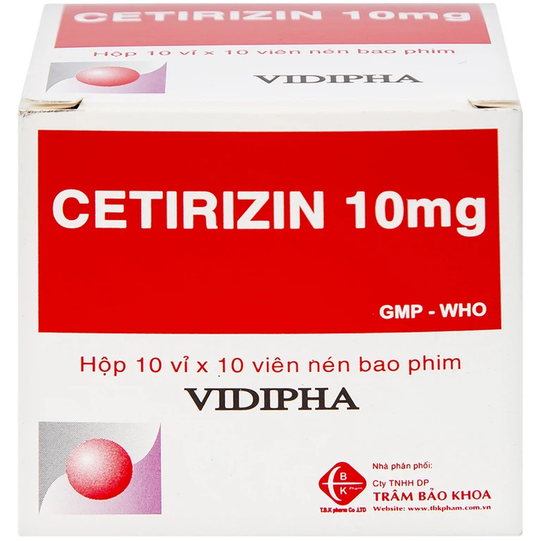 Thuốc Cetirizin 10mg Vidipha điều trị triệu chứng viêm mũi dị ứng, mày đay (10 vỉ x 10 viên)