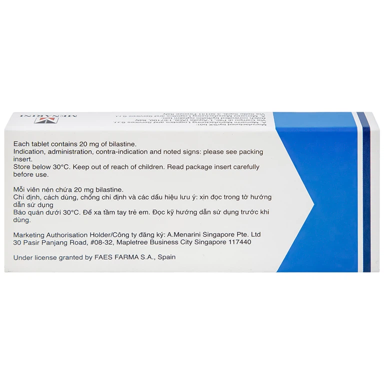 Thuốc Bilaxten 20mg Menarini điều trị viêm mũi dị ứng, mày đay (1 vỉ x 10 viên)