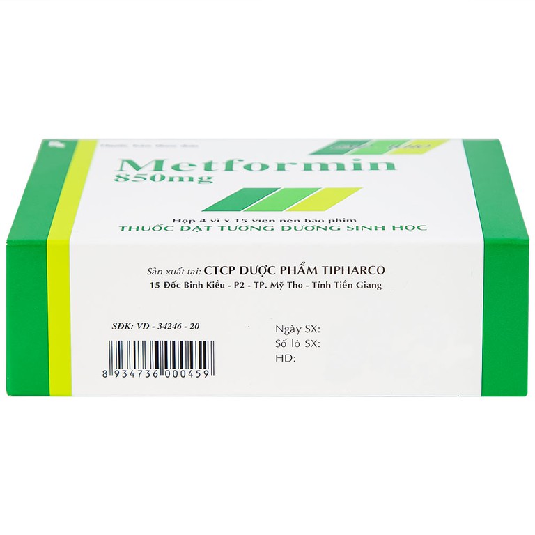 Viên nén Metformin 850mg Tipharco điều trị đái tháo đường không phụ thuộc insulin típ 2 (4 vỉ x 15 viên) 