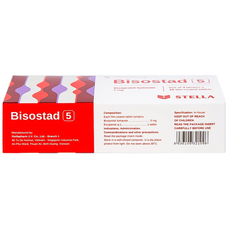Thuốc Bisostad 5 Stella điều trị tăng huyết áp và đau thắt ngực (3 vỉ x 10 viên)